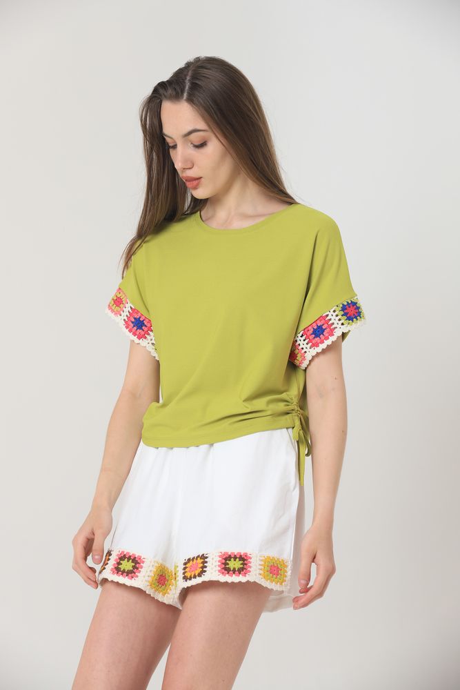 Topshow Pistachio Green Sleeve End Appliqued Crew Neck Wholesale Blouse