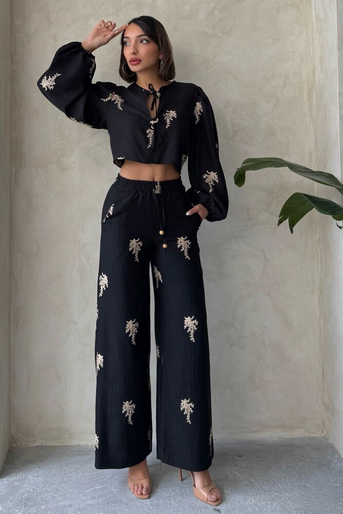 Topshow Embroidery Detailed Wholesale Linen Trousers - Black