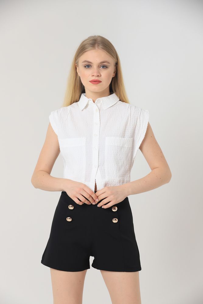 Topshow Cream Pocket Zero Sleeve Wholesale Shirt