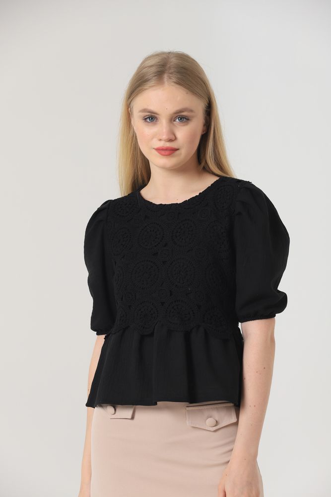 Topshow Black Lace Detailed Wholesale Blouse