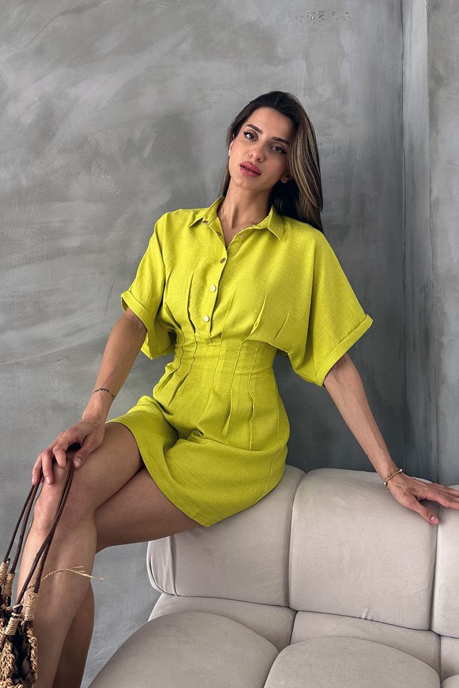 Topshow Pistachio Green Short Linen Wholesale Dress