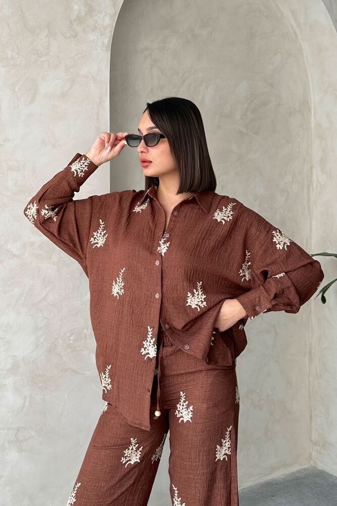 Topshow Embroidered Detailed Wholesale Linen Shirt - Coffee