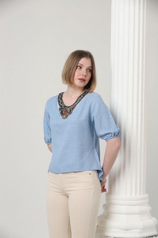 Blue collar stone blouse