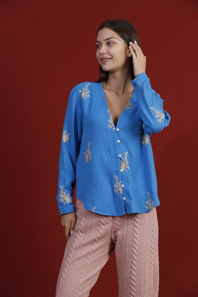 Topshow Blue Leaf Embroidered Wholesale Shirt