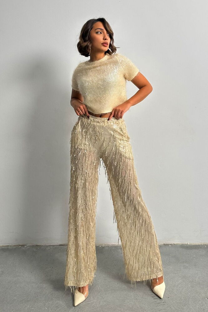 Topshow Stone Silver Sequin Tulle Wholesale Pants