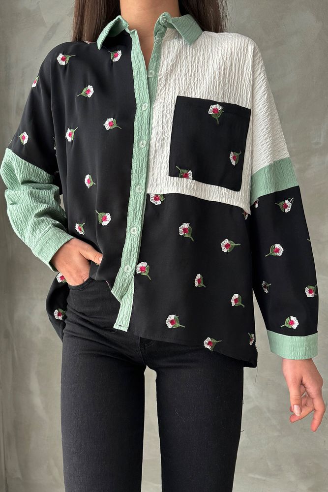 Topshow Black Çağla Floral Wholesale Shirt