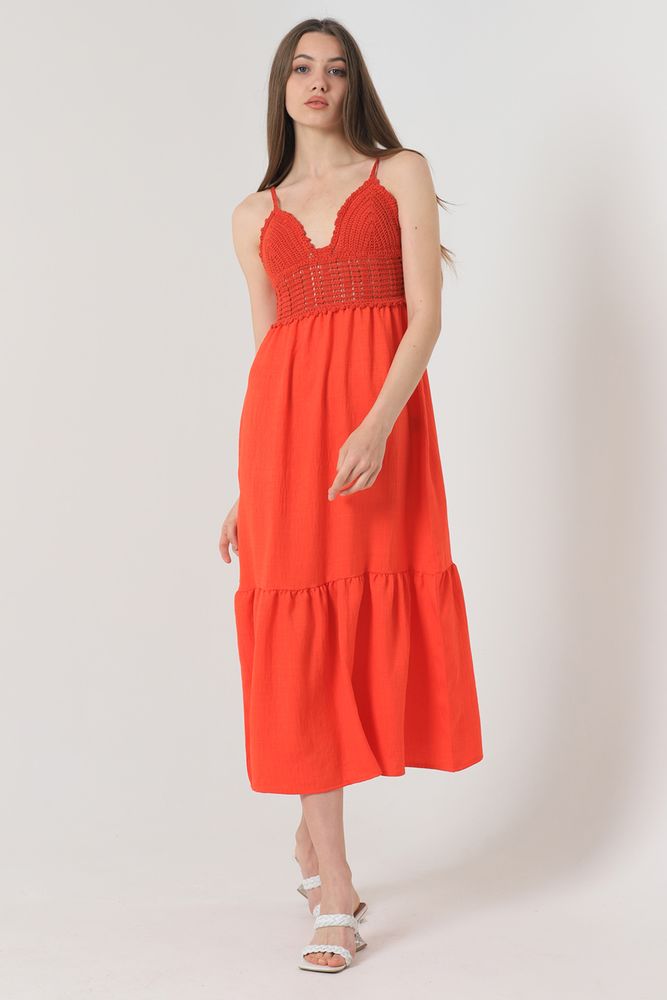 Topshow Orange Linen Strap V-neck Wholesale Dress