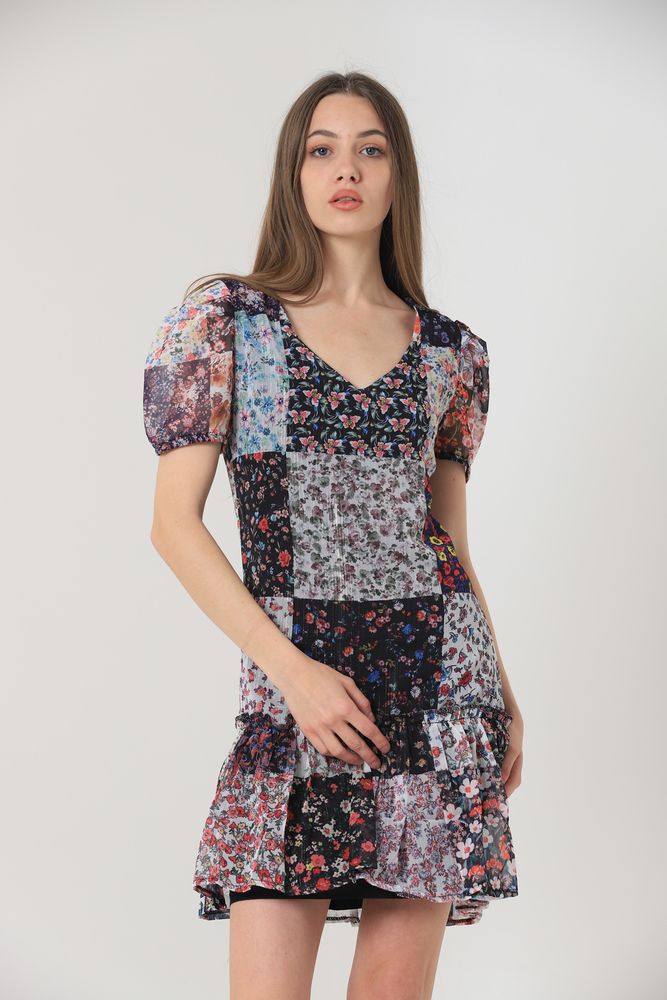 Topshow Mixed Floral V-Neck Short Sleeve Wholesale Dress