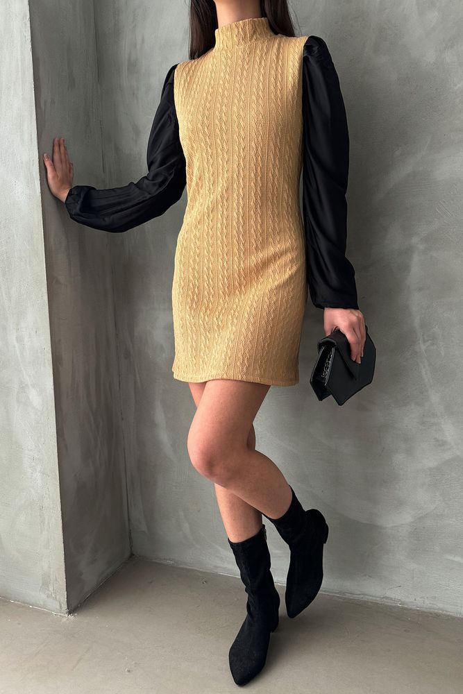 Topshow Camel Sleeves Leather Turtleneck Above Knee Wholesale Dress