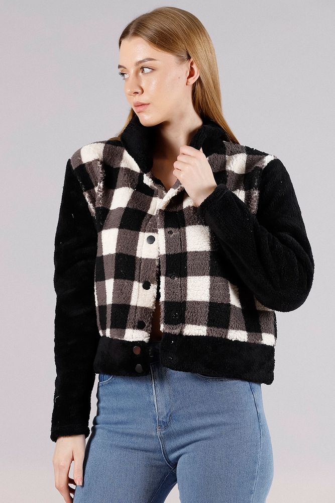 Topshow Black Checker Wholesale Fleece Wholesale Coat with Snap Fasteners