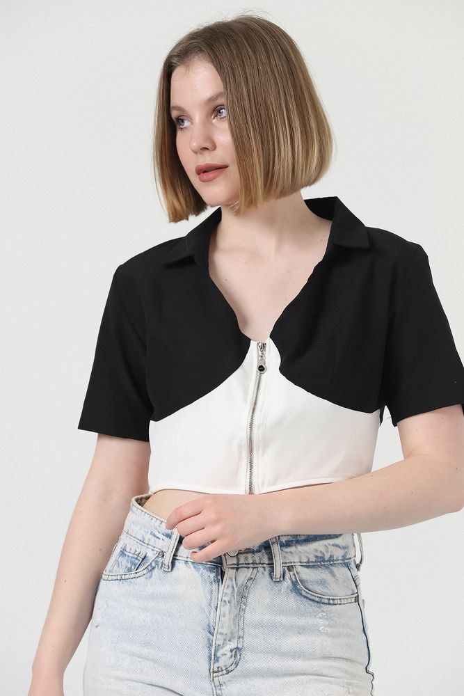 Topshow Black Cream Front Zippered Wholesale Shirts Wholesale Blouses