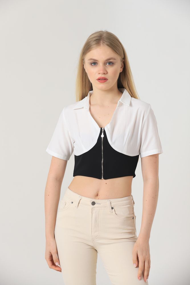 Topshow Cream Black Front Zippered Wholesale Shirts Wholesale Blouses