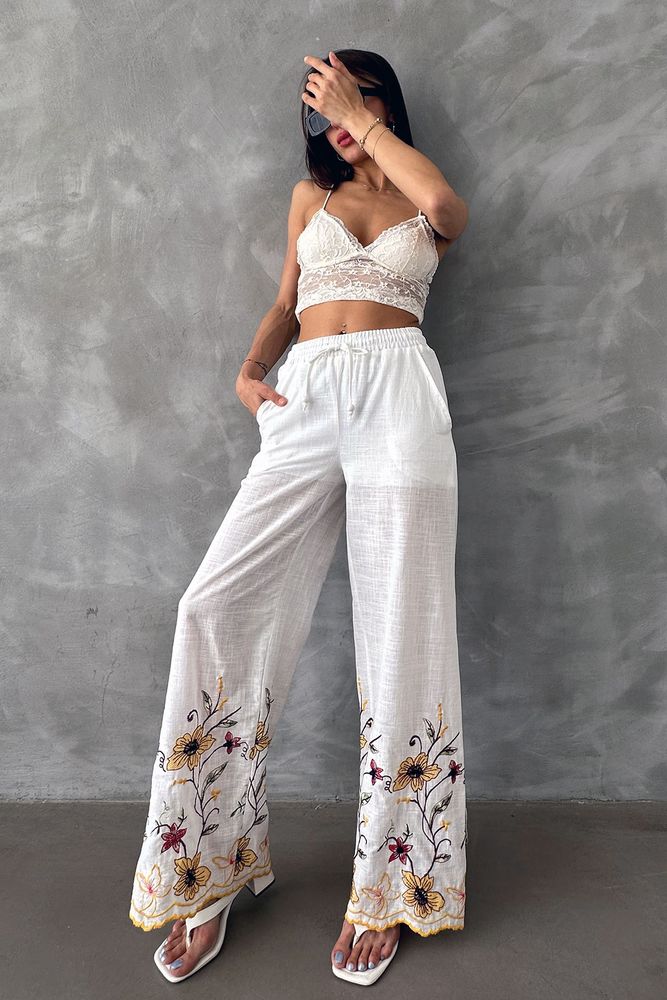 Topshow Cream Yellow Embroidered Wholesale Trousers