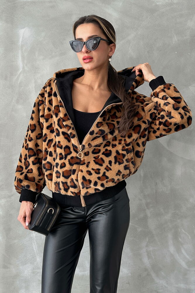 Topshow Camel Leopard Look Plush Wholesale Coat