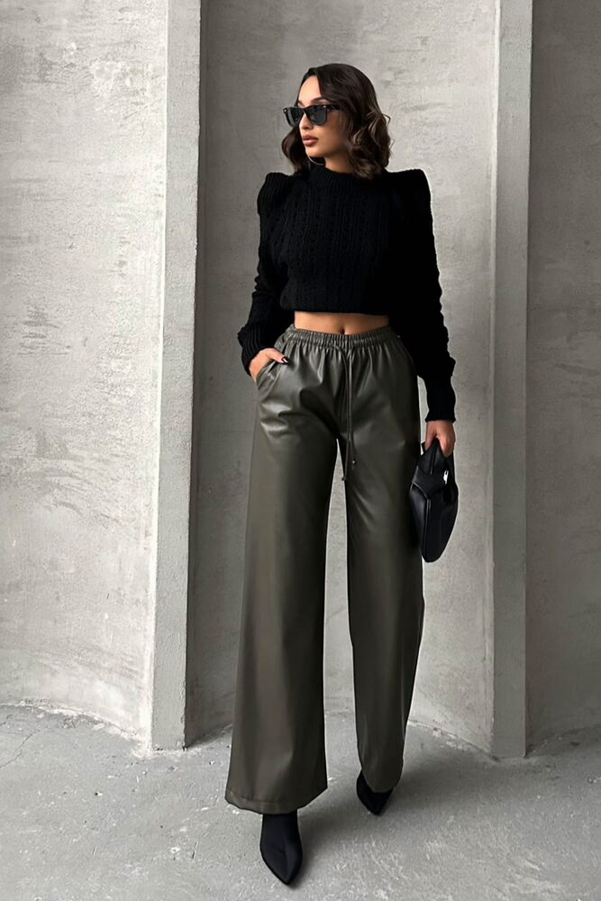 Topshow Khaki Leather Wholesale Trousers