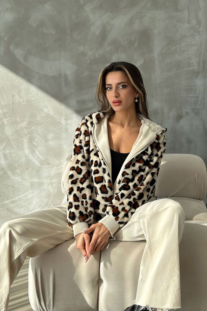 Topshow Light Stone Leopard Look Plush Wholesale Coat