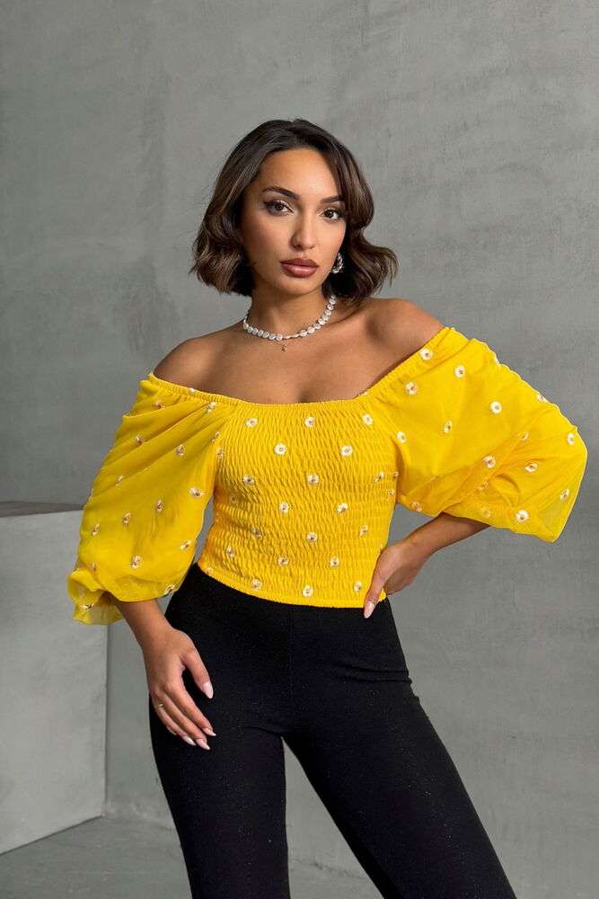 Topshow Yellow Gipeli Daisy Patterned Wholesale Blouse