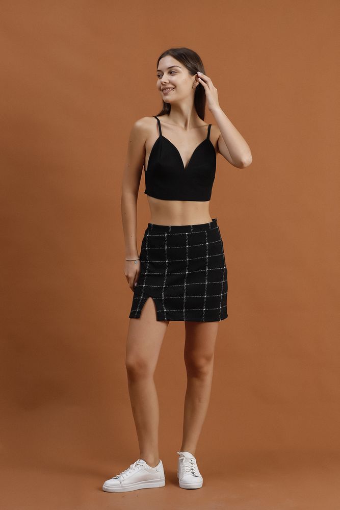 Topshow Black Plaid Above Knee Wholesale Skirt