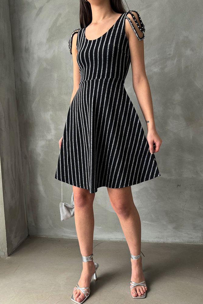 Topshow Black Silver Striped Sleeveless Wholesale Dress