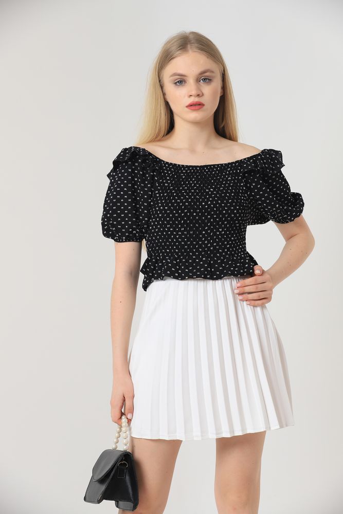 Topshow Black Cream Ruffled Gimped Wholesale Blouse