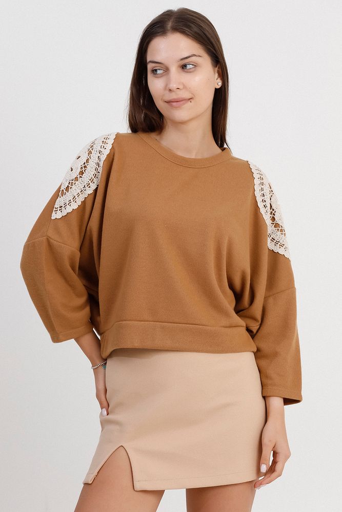 Topshow Brown Shoulder Laced Wholesale Blouse