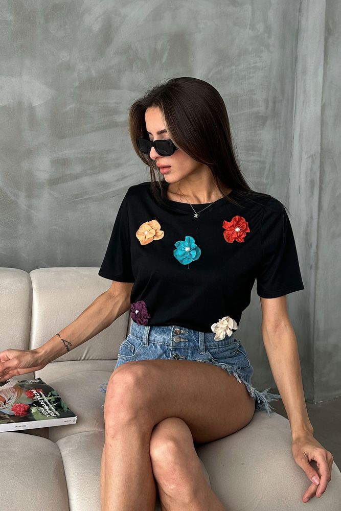 Topshow Black Floral Detailed T-Shirt