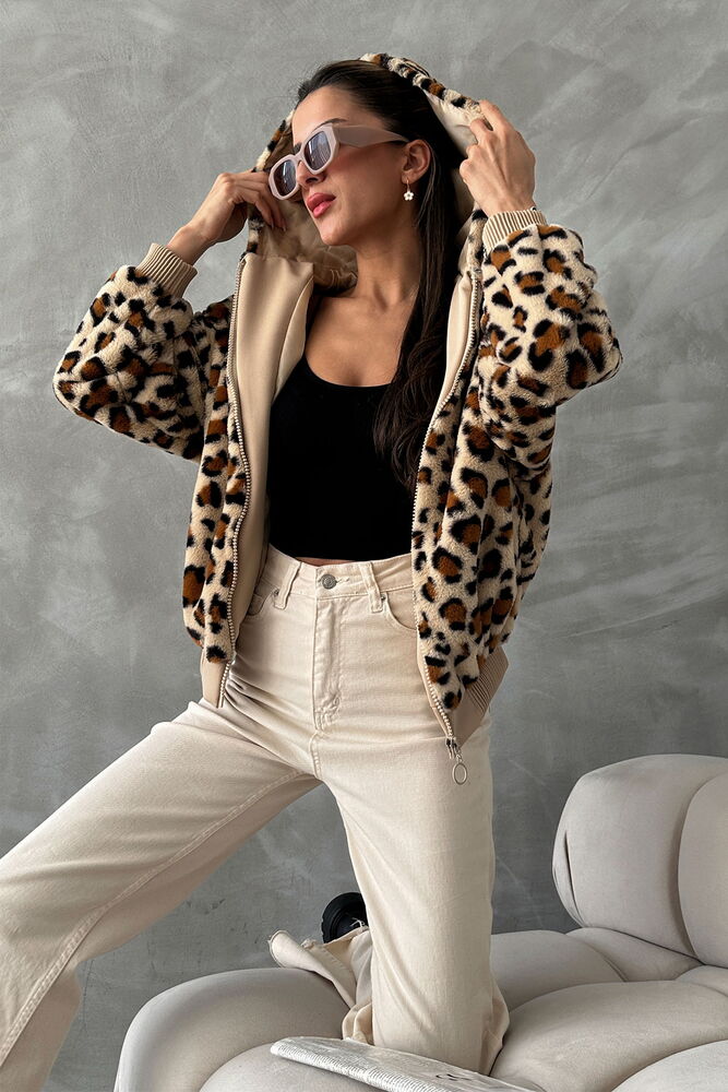 Topshow Dark Stone Leopard Look Plush Wholesale Coat