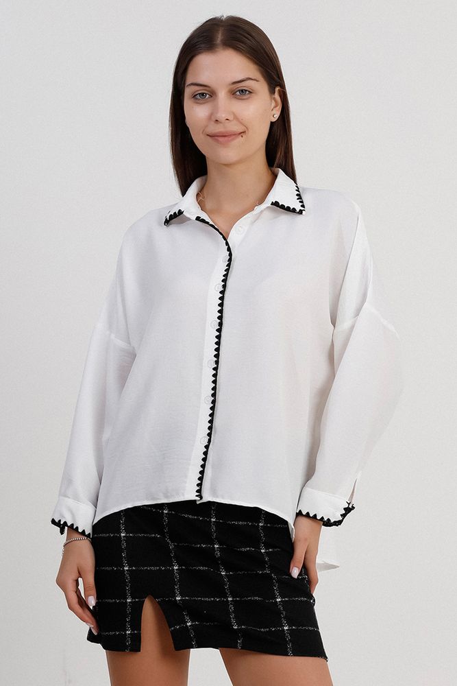 Topshow Cream Black Embroidery Detailed Wholesale Shirt