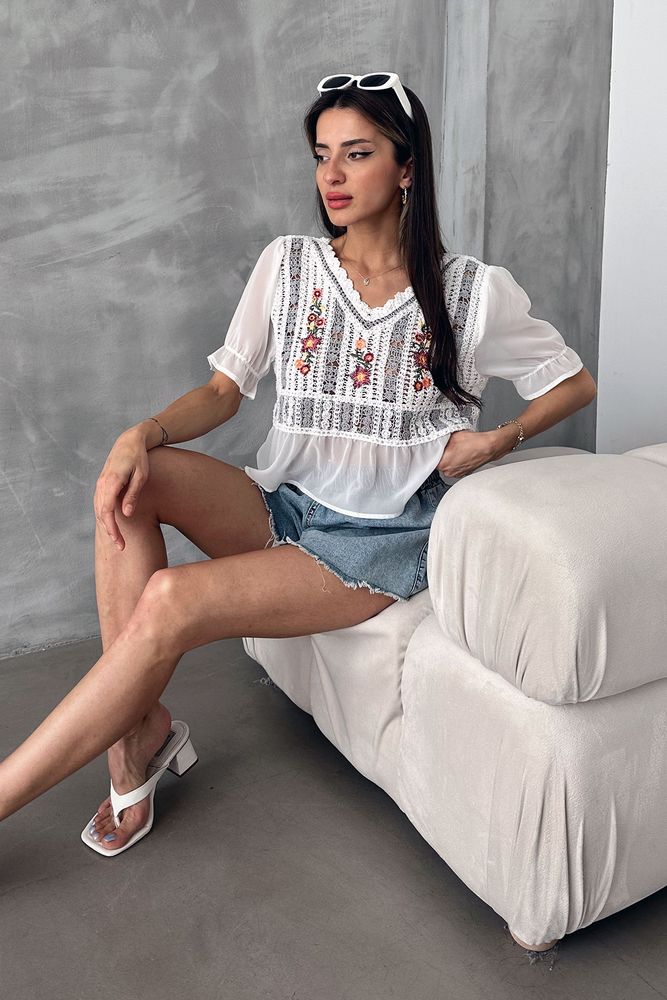 Topshow Cream Gray Embroidered Wholesale Blouse