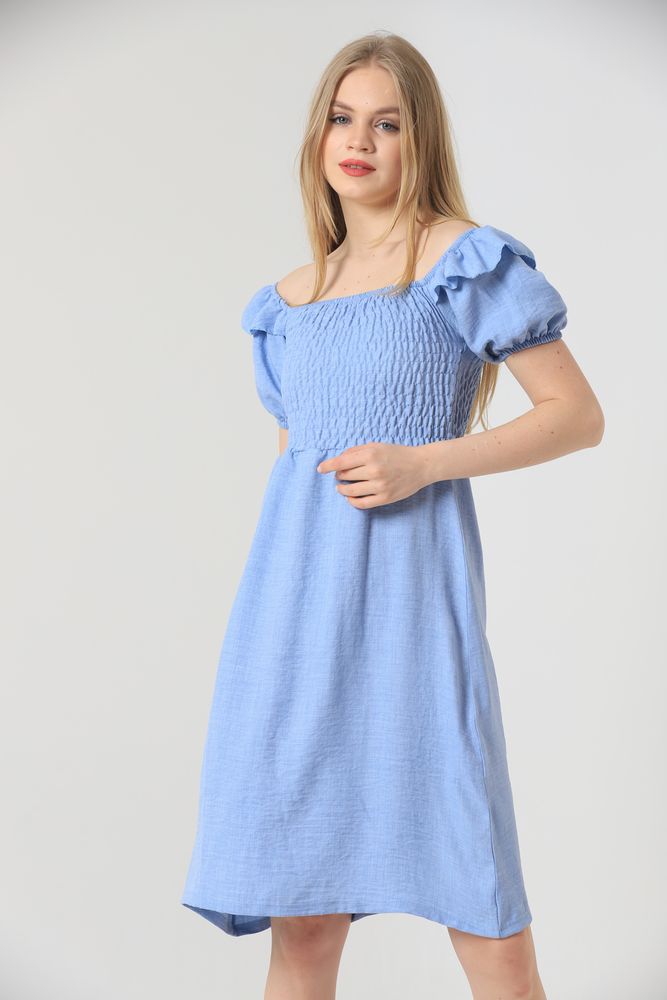 Topshow Blue Gimped Boat Neck Wholesale Dress