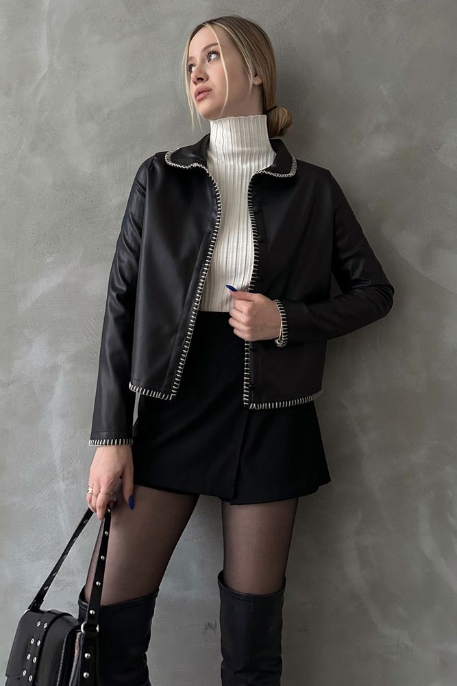 Topshow Black Leather Wholesale Jacket with Front Stripe