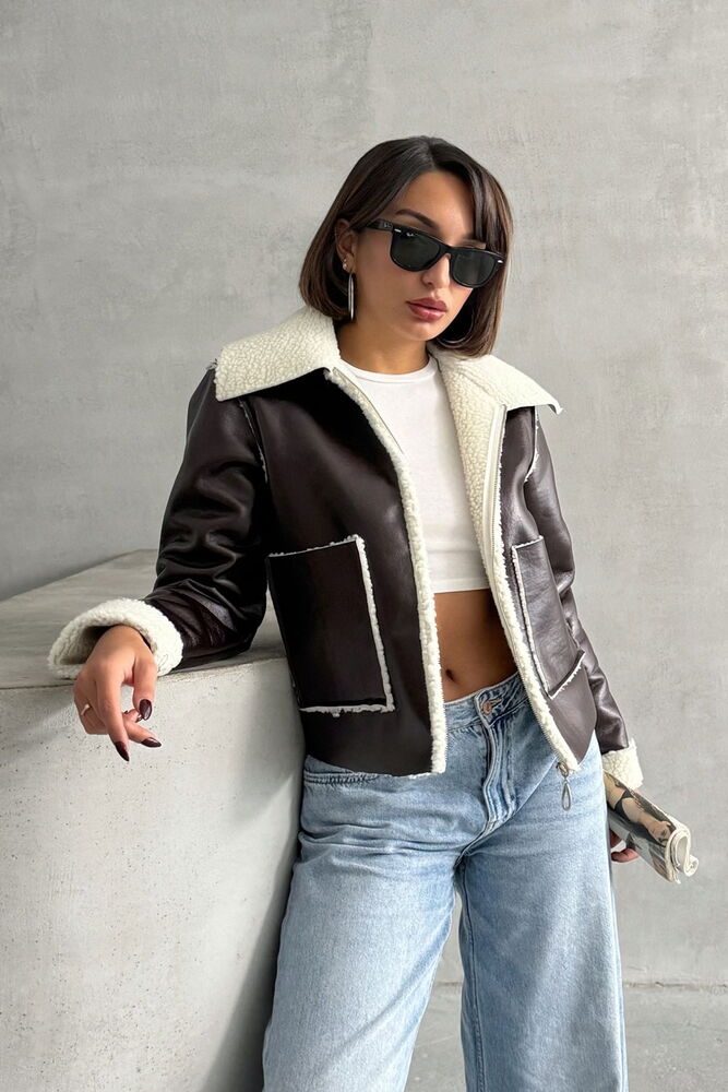 Topshow Coffee Cream Laminated Leather Zipper Wholesale Coat