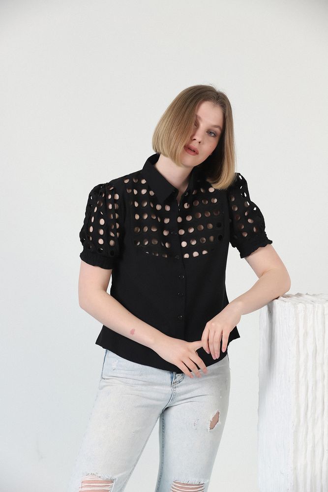 Topshow Black Wholesale Shirt with Mesh on the Chest