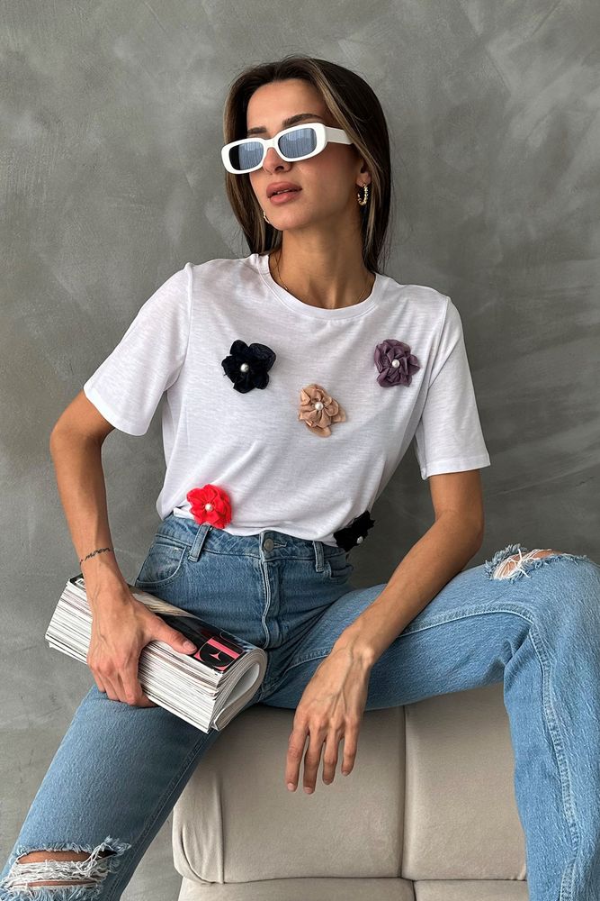 Topshow White Floral Detailed T-Shirt