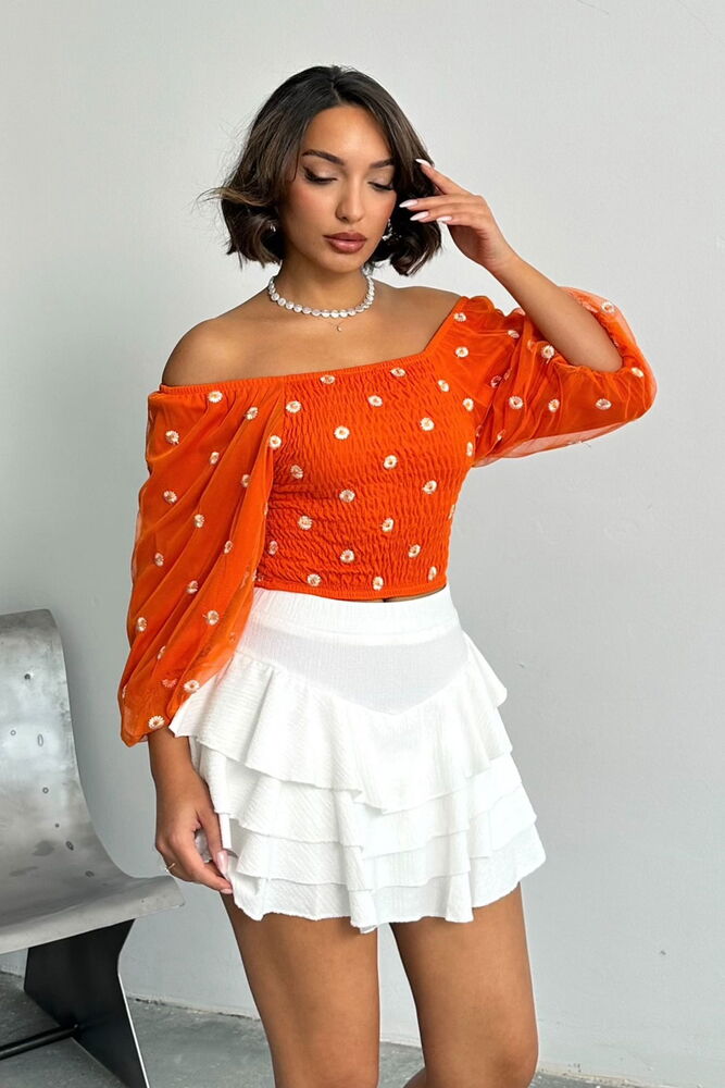 Topshow Orange Glitter Daisy Patterned Wholesale Blouse