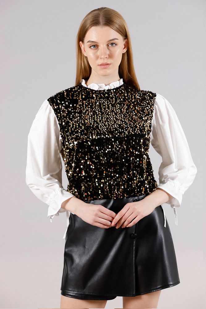 Topshow Black Gold Size Sequined Sleeves Satin Wholesale Sweat