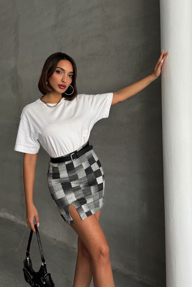 Topshow Grey Black Plaid Knee-Length Skirt