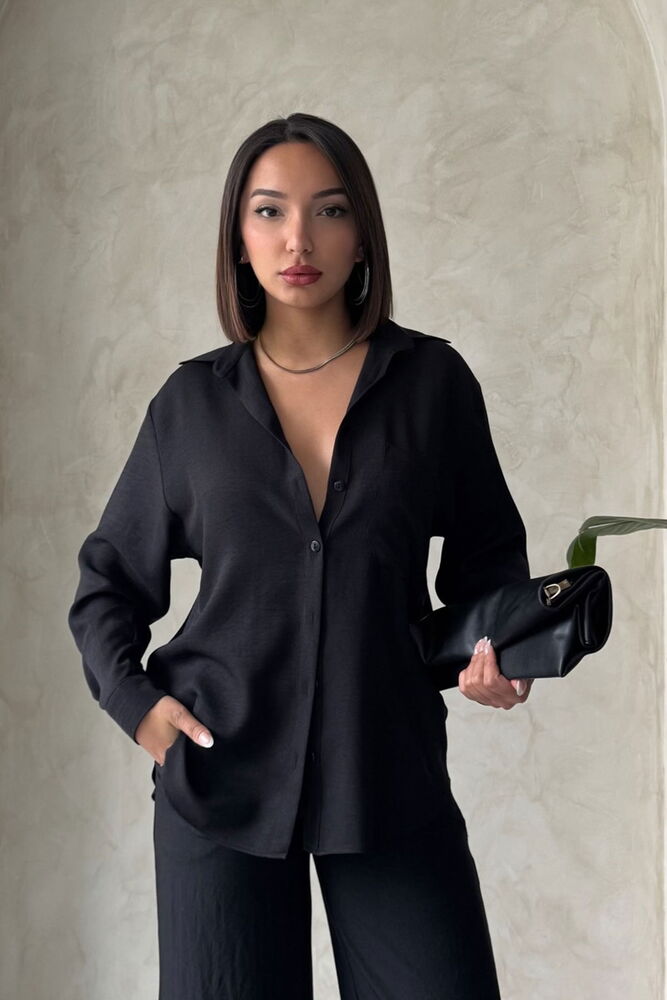 Topshow Black Pocket Detailed Linen Wholesale Shirt