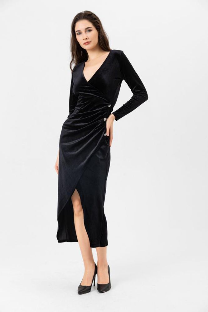 Topshow Black Velvet Slit Wholesale Dress