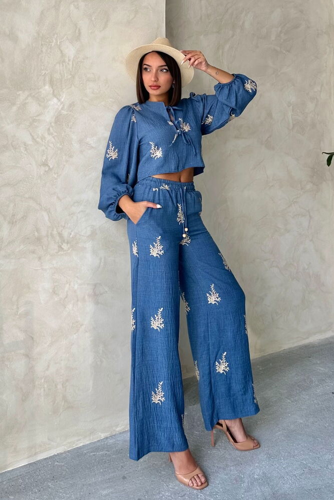 Topshow Embroidered Detailed Wholesale Linen Pants - Blue