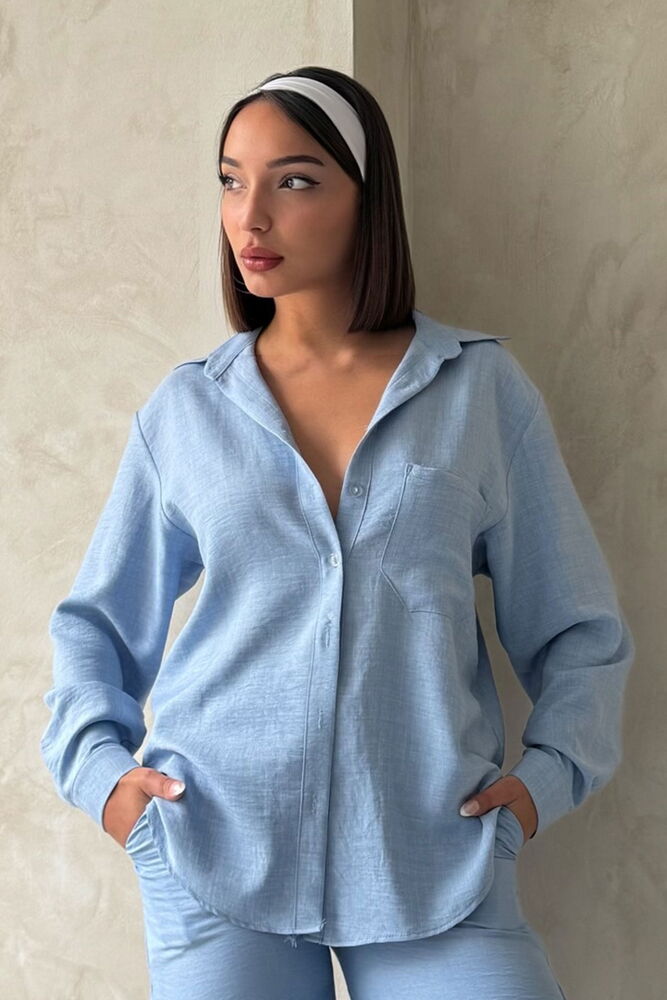 Topshow Blue Pocket Detailed Linen Wholesale Shirt