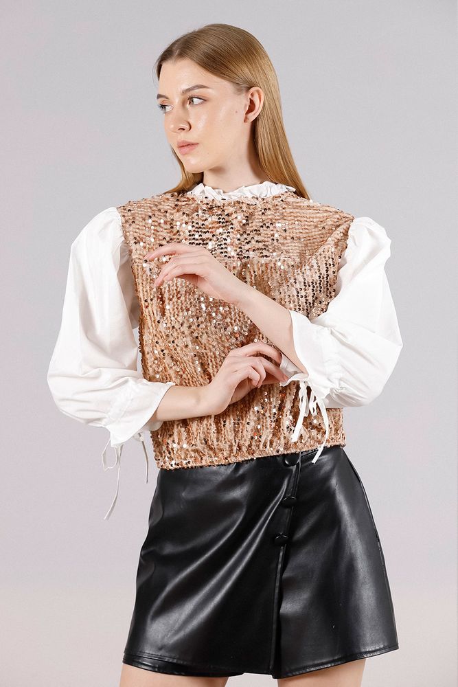 Topshow Cream Camel Size Sequined Sleeves Satin Wholesale Sweat