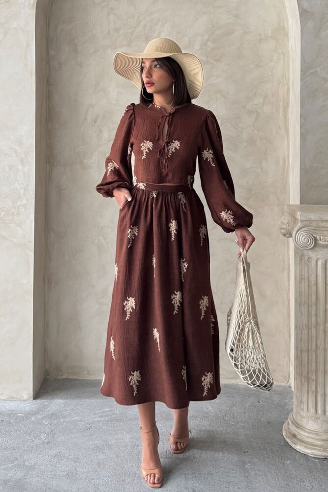 Embroidered Detailed Long Linen Skirt - Coffee | Topshow