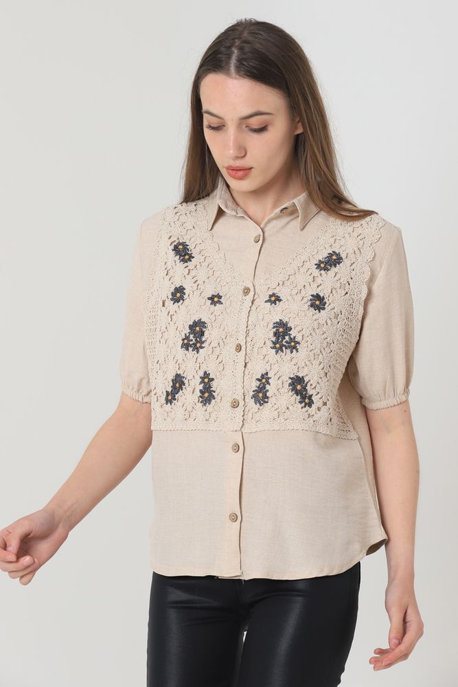 Topshow Stone Half Sleeve Lace Detailed Wholesale Shirt