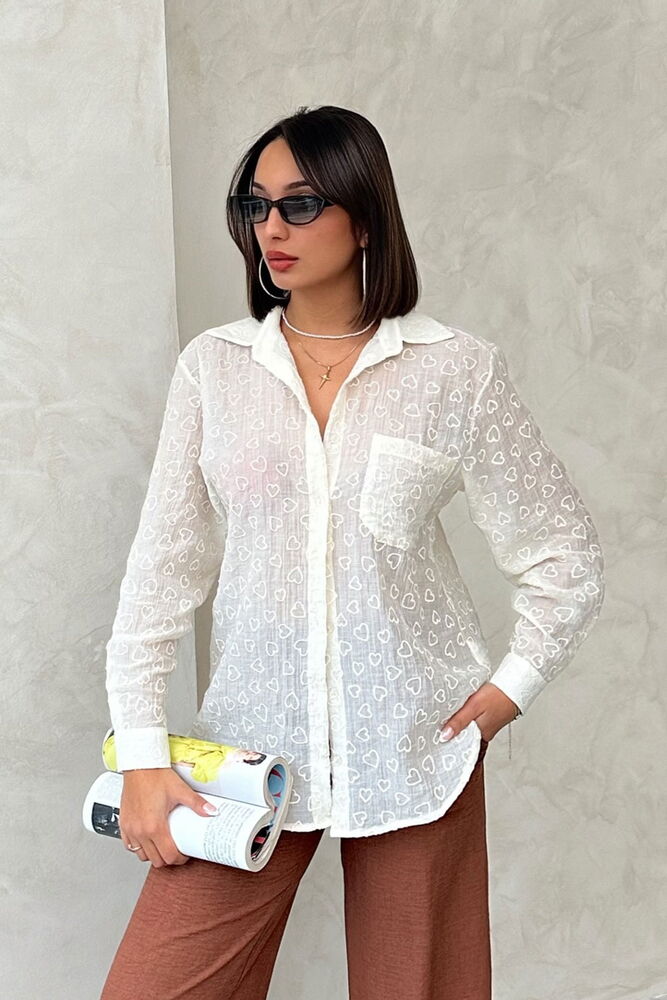 Heart Embroidered Shirt - Cream | Topshow