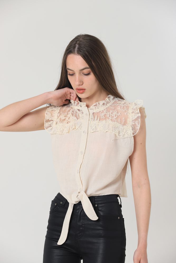 Topshow Stone Shoulder Lace Tie-Up Wholesale Shirt