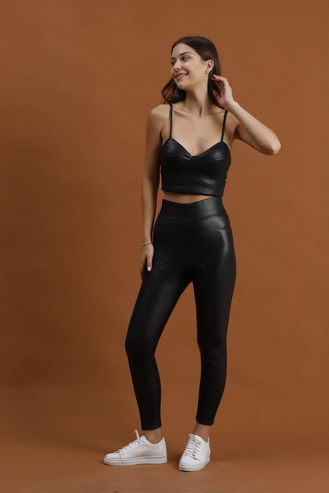 Topshow Black Faux Leather Wholesale Leggings