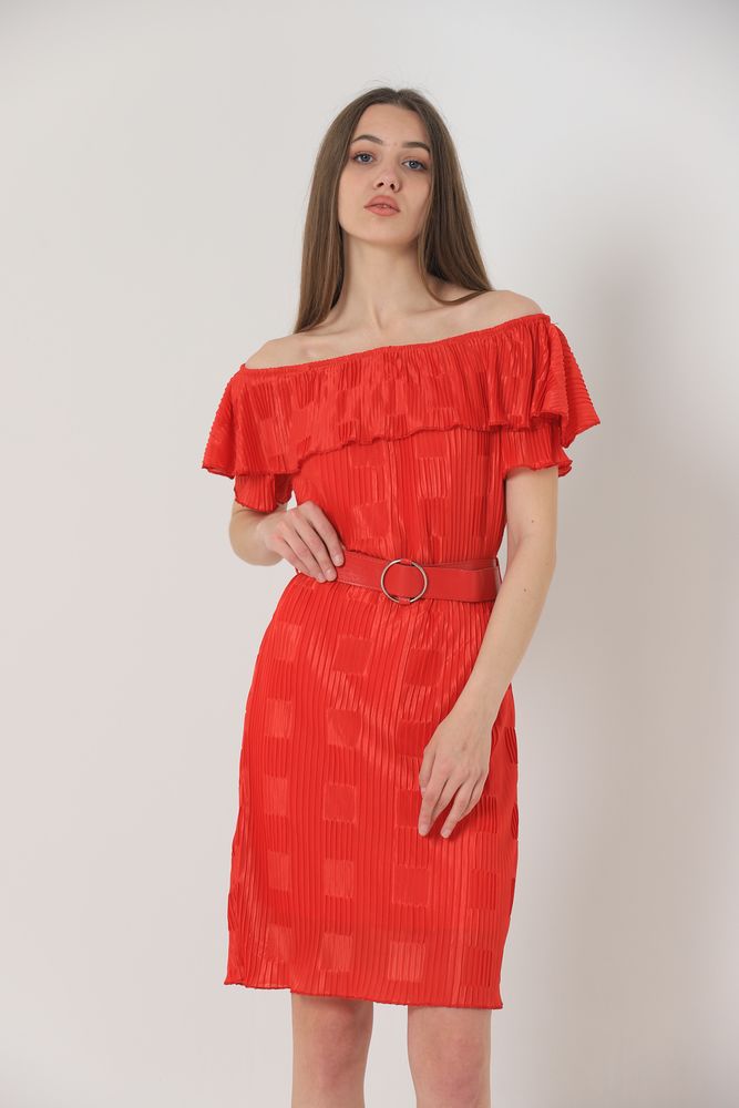 Topshow Red Boat Neck Pleated Belted Wholesale Dress