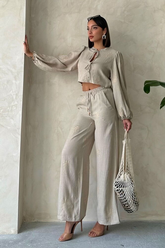 Topshow Embroidered Detailed Wholesale Linen Pants - Stone