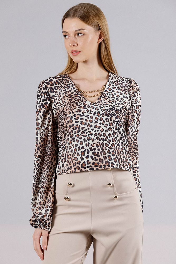 Topshow Small Leopard Shoulder Pleated Chain V Neck Wholesale Blouse